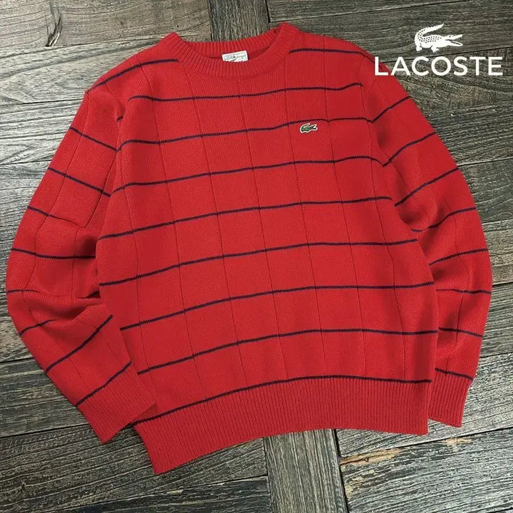 [BUNJANG] Lacoste Logo Patch Stripe Knit Sweater Red / 라코스테 로고 패치 스트라이프 니트 레드 M20433