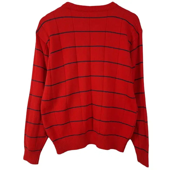 [BUNJANG] Lacoste Logo Patch Stripe Knit Sweater Red / 라코스테 로고 패치 스트라이프 니트 레드 M20433