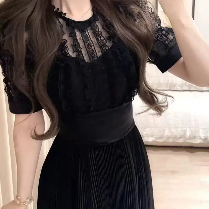 [BUNJANG] Black Lace Pleated Long Dress / 레이스 블랙 플리츠 롱 원피스