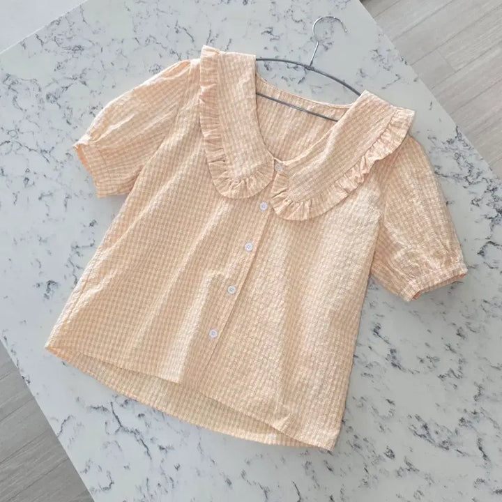 [BUNJANG] Check Pattern Blouse Set (Peach/Khaki) / 블라우스세트 성인S/주니어150-160쯤