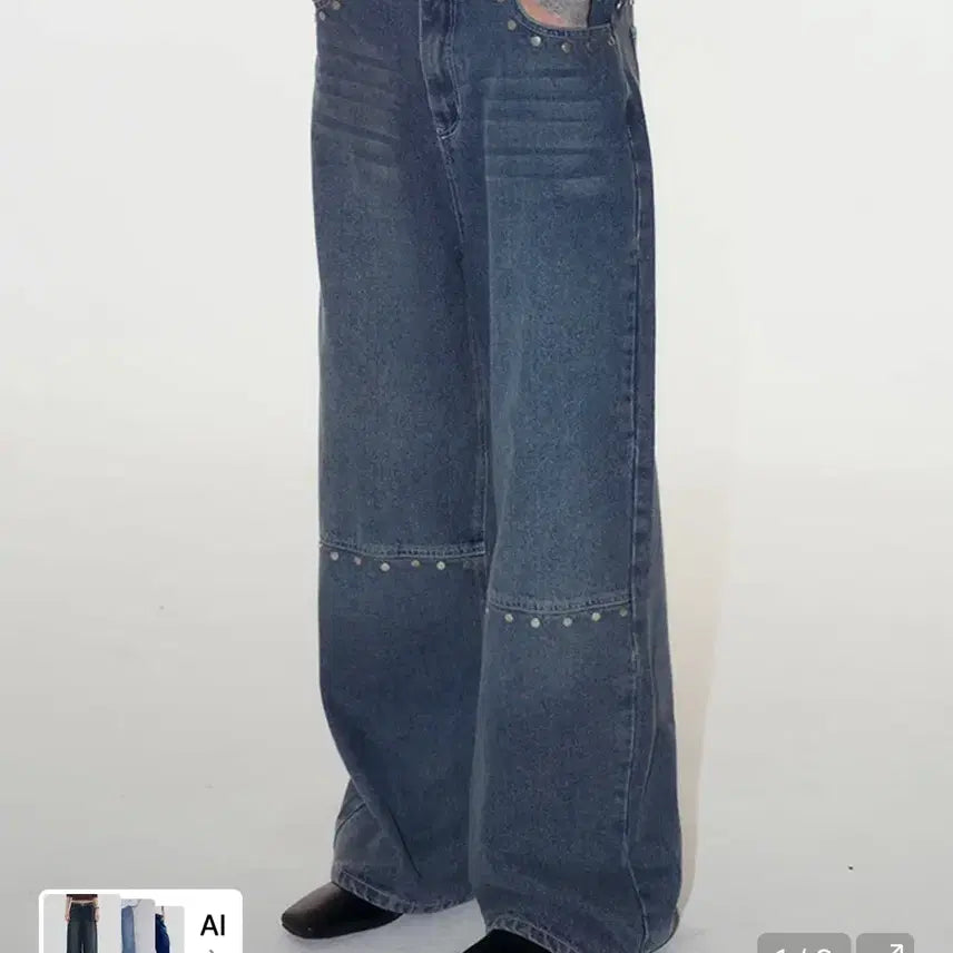 [BUNJANG] PLACE STUDIO Washed Wide Denim Pants / 플레이스 스튜디오 절개 라인 리벳 포인트 와이드 워시드 데님 팬츠 [중청