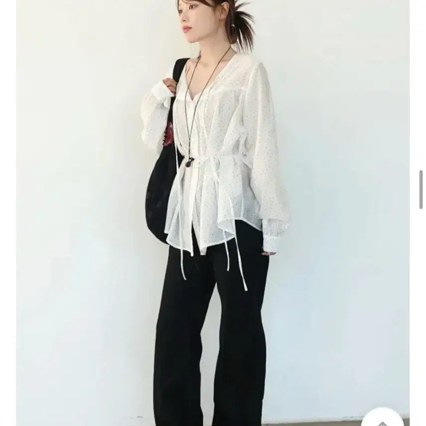 [BUNJANG] 66Girls Dot Shirring Blouse White (Strap Set) / 에이블리 육육걸즈 도트셔링블라우스 화이트(스트랩set)