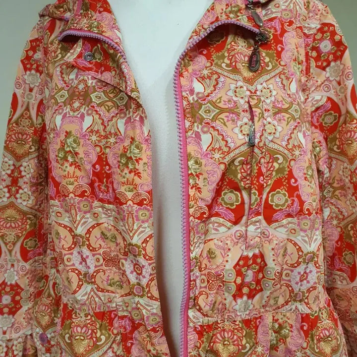 [BUNJANG] Oilllllly Pattern Hooded Long Windbreaker Jacket / 오일릴리 패턴 후드 롱 바람막이 자켓