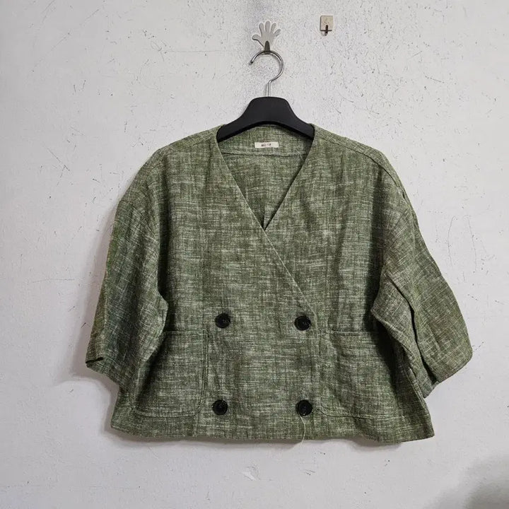 [BUNJANG] Linen Green Double-Button Short Sleeve Jacket / 린넨 그린 더블버튼 반팔 자켓