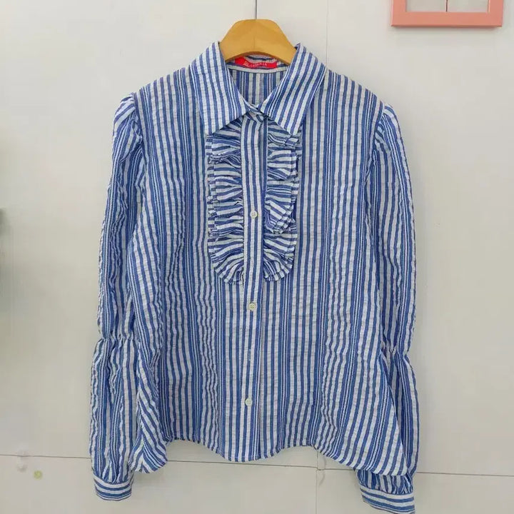 [BUNJANG] Blue Stripe Frill Blouse Size 55 / 블루 스트라이프 프릴 블라우스 55