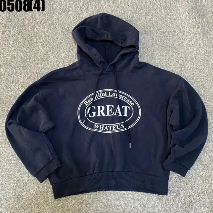[BUNJANG] Navy GREAT Printing Hoodie / 네이비 GREAT 프린팅 후드티