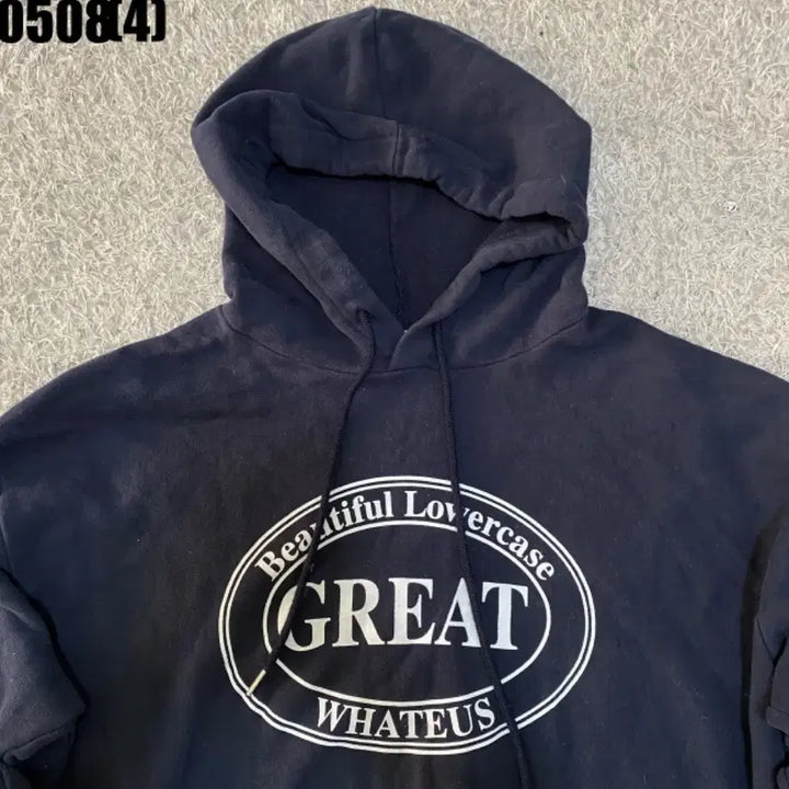 [BUNJANG] Navy GREAT Printing Hoodie / 네이비 GREAT 프린팅 후드티