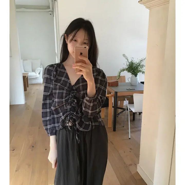 [BUNJANG] ManyManyMode Check Long Sleeve Blouse / 체크 롱 슬리브 블라우스 (매니매니모드 , bol)