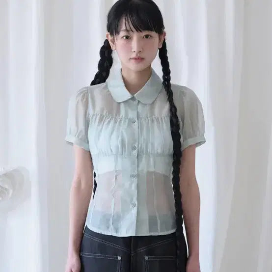 [BUNJANG] Mireco Sheer Blouse Pistachio / 미레코 쉬어 블라우스 피스타치오 새상품