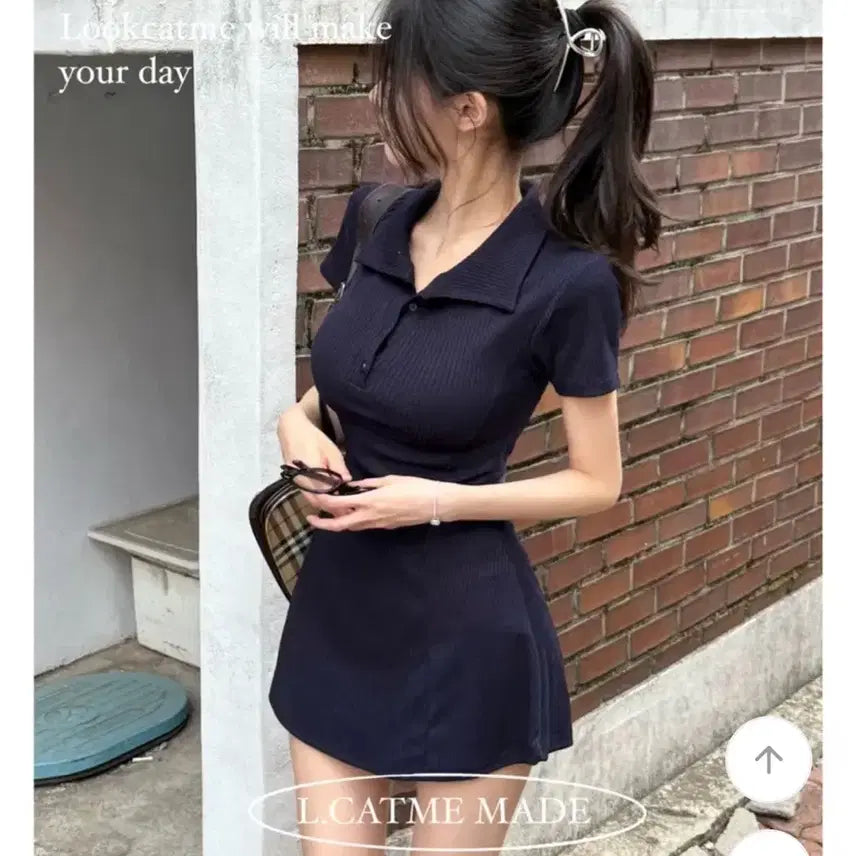 [BUNJANG] A-Line Mini Dress (Navy) / 캘리 카라 골지 플레어 A라인 미니 원피스(남색)