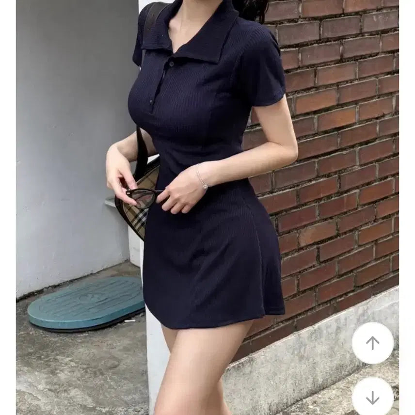 [BUNJANG] A-Line Mini Dress (Navy) / 캘리 카라 골지 플레어 A라인 미니 원피스(남색)