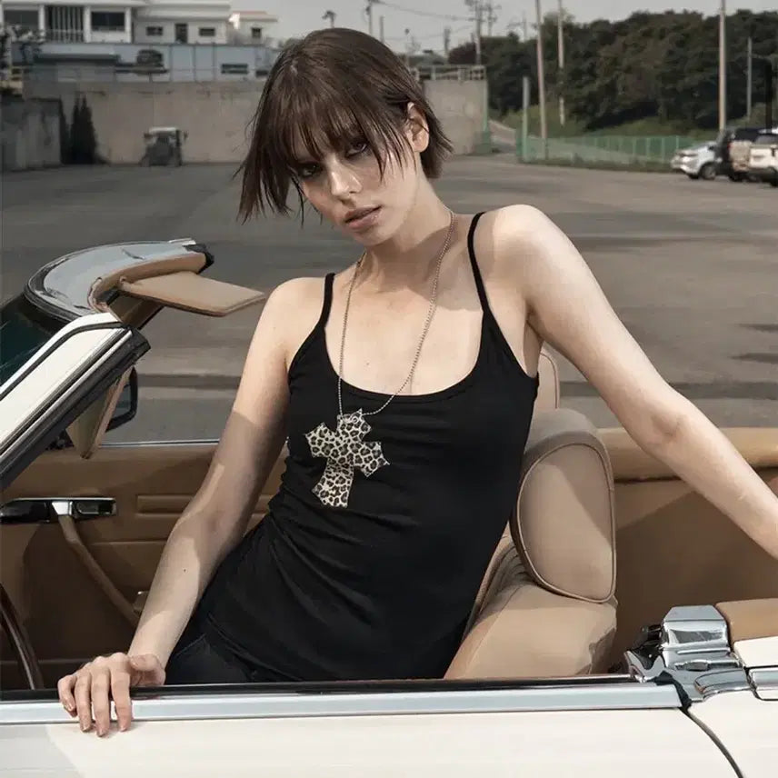 [BUNJANG] Illio Black Leopard Cross Necklace Sleeveless Long Version / 일리오 블랙 레오파드 크로스 네크리스 슬리브리스 롱버전