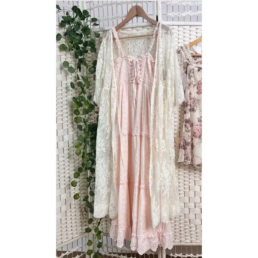 [BUNJANG] Tralala Pink Punching One-Piece Robe Coord Set / Tralala 트랄라라 핑크 펀칭 원피스 로브 코디세트 갸루