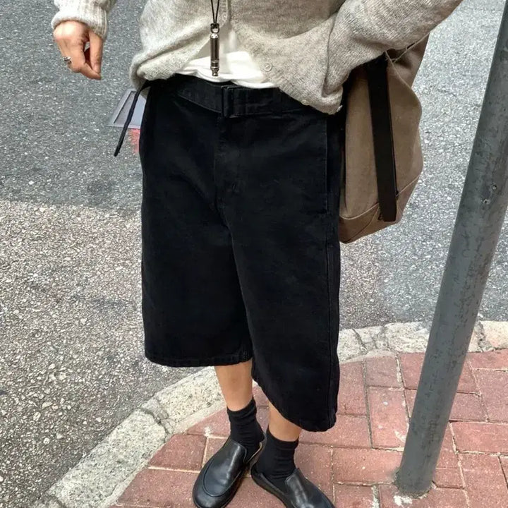 [BUNJANG] Belted Wide 8-Length Denim Pants (Medium Only) / 밸티드 와이드 8부데님 새상품 미듐만 가능