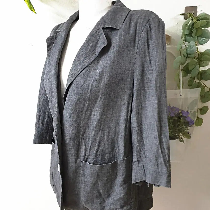[BUNJANG] 100% Linen Cotton Contrast Collar Jacket (Grey, Size 66) / 린넨100% 코튼배색 카라자켓 66 그레이