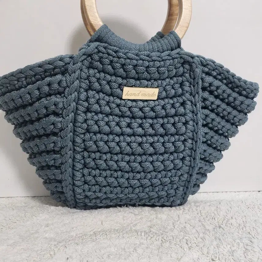 [BUNJANG] Handmade Knit Bag with Wood Ring Handle / 핸드메이드 뜨개 가방