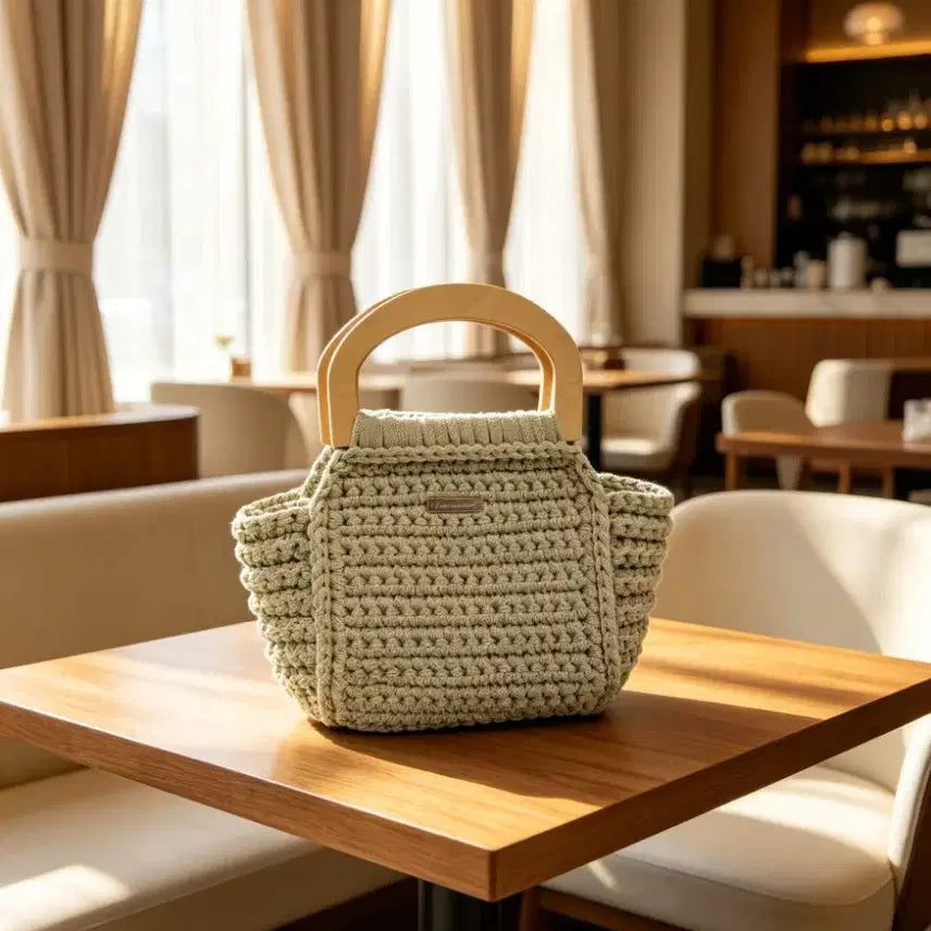 [BUNJANG] Handmade Knit Bag with Wood Ring Handle / 핸드메이드 뜨개 가방