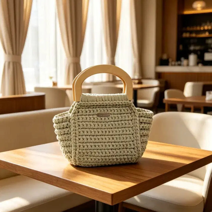 [BUNJANG] Handmade Knit Bag with Wood Ring Handle / 핸드메이드 뜨개 가방
