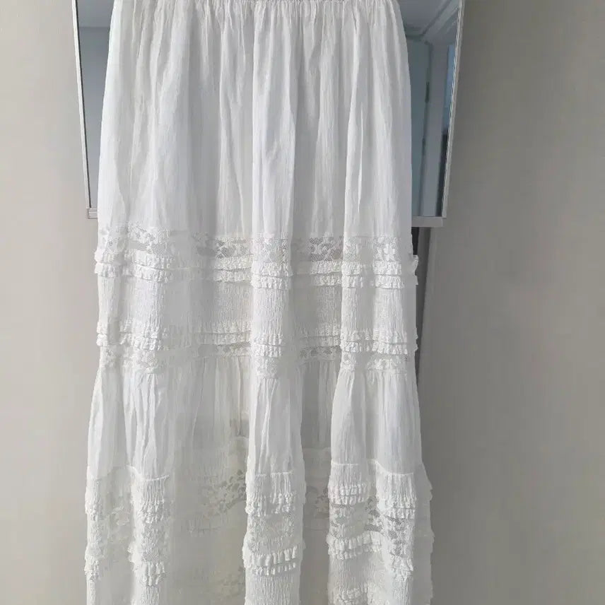 [BUNJANG] White Lace Frill Long Skirt / 화이트 레이스 롱 스커트 프릴 치마