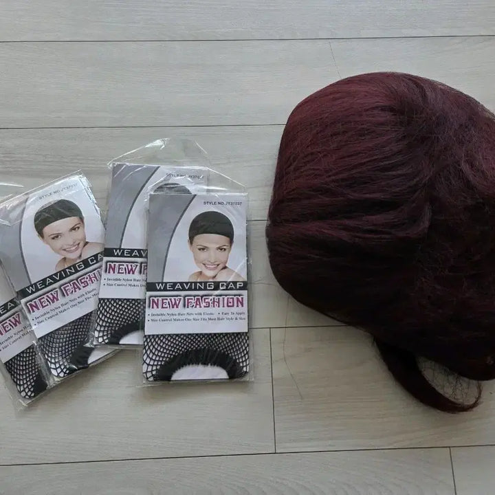 [BUNJANG] Wine Red Long Hair Wig &amp; Wig Cap Set / 와인색 긴머리 가발 &amp; 가발망 세트
