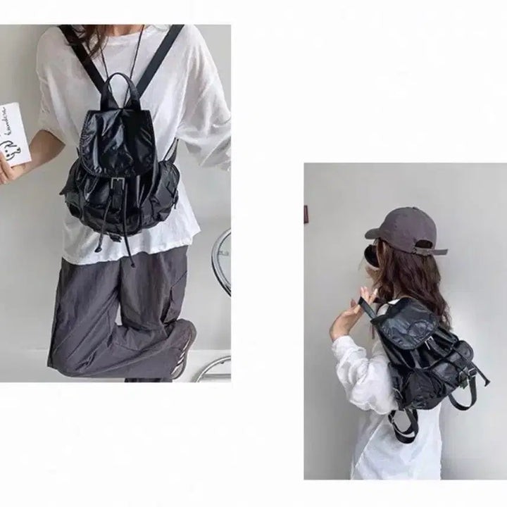 [BUNJANG] Simple Nylon Glossy Mini Backpack Bag - Black / 새상품)심플 나일론 글로시 미니 버킷 백팩 가방 블랙