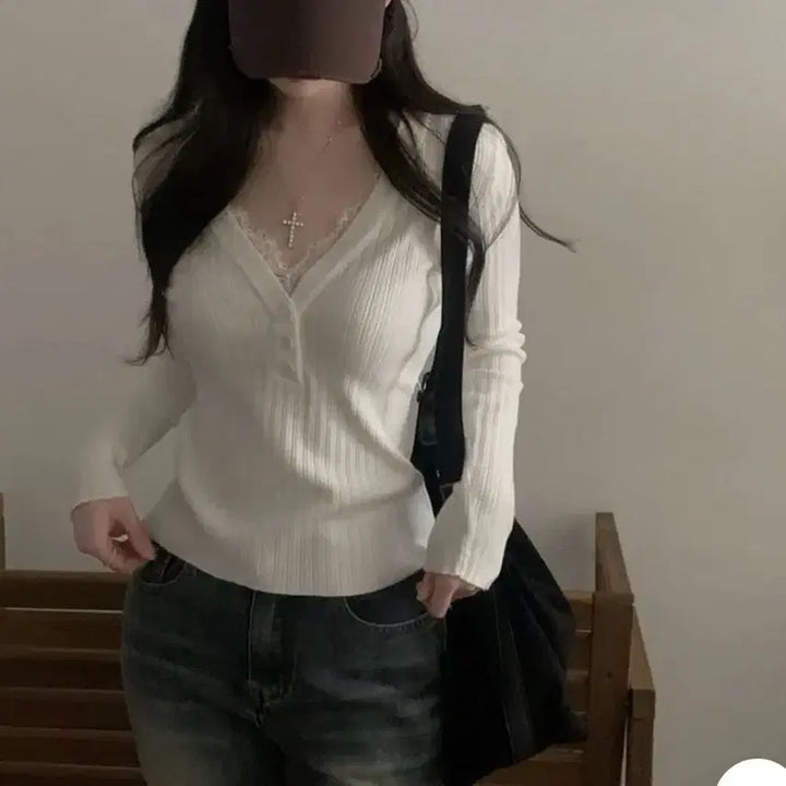 [BUNJANG] Lace Layered Ribbed T-Shirt / 레이스 레이어드 골지 티셔츠