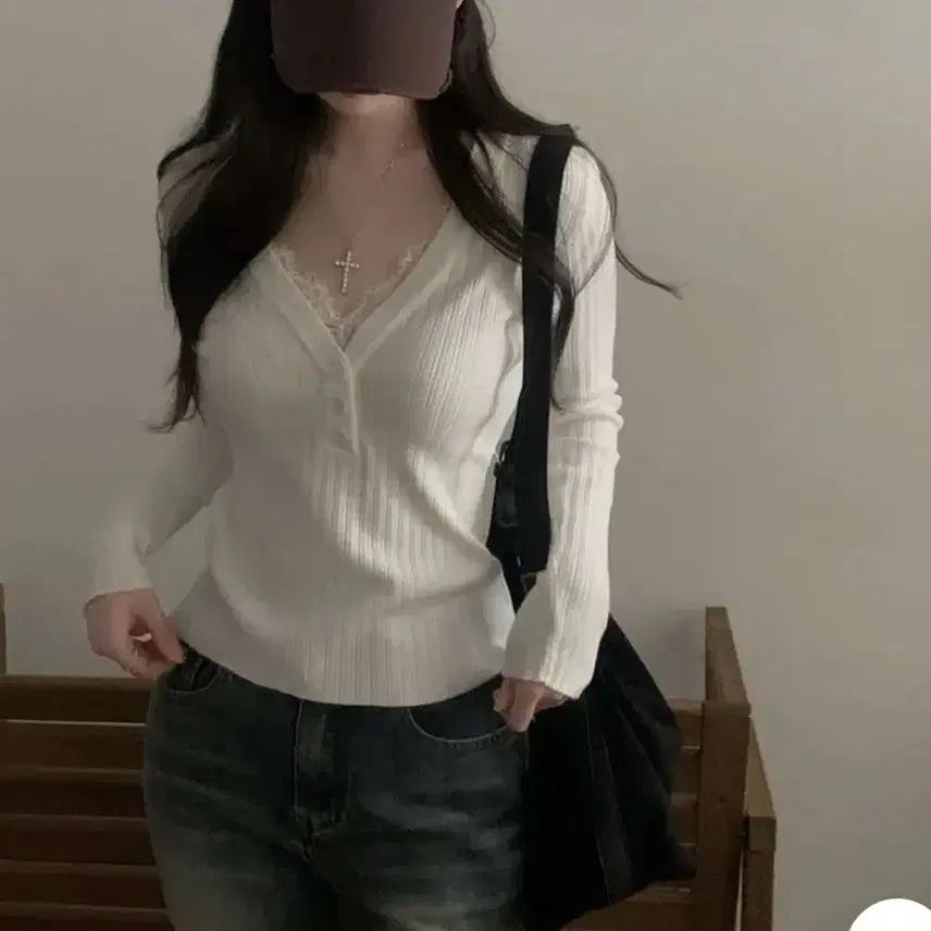 [BUNJANG] Lace Layered Ribbed T-Shirt / 레이스 레이어드 골지 티셔츠