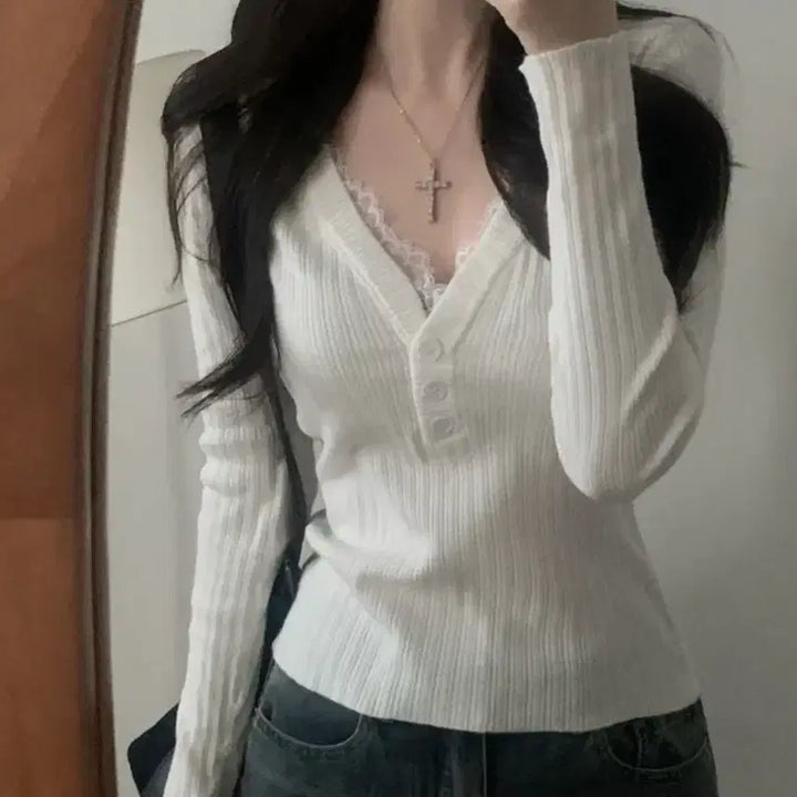 [BUNJANG] Lace Layered Ribbed T-Shirt / 레이스 레이어드 골지 티셔츠
