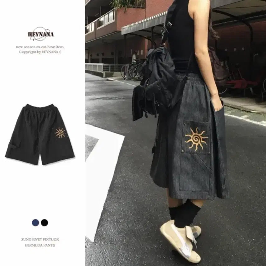 [BUNJANG] HeyNanasun Rivet Bermuda Shorts Black / 헤이나나 선 리벳 버뮤다 팬츠 블랙
