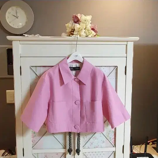 [BUNJANG] Zara Pink Cropped Short Sleeve Jacket / 자라 핑크 크롭 반팔 자켓/55-66