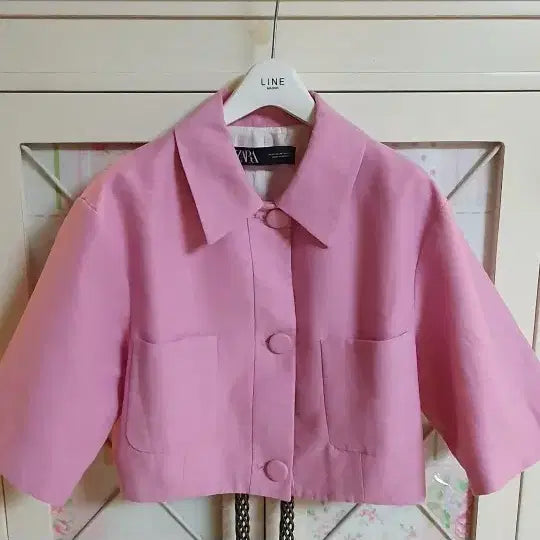 [BUNJANG] Zara Pink Cropped Short Sleeve Jacket / 자라 핑크 크롭 반팔 자켓/55-66