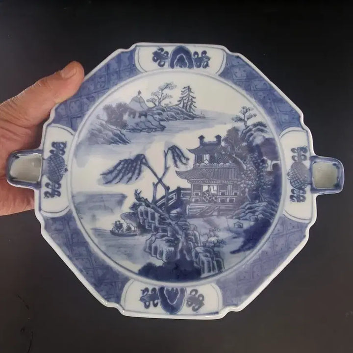 [BUNJANG] Chinese Celadon Porcelain Landscape Plate / 산수누각도 온엷판 청화백자 도자기 높이5.3cm폭 25.5cm 중국도자기