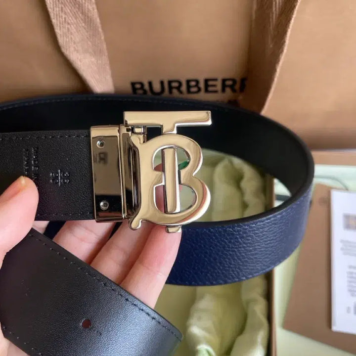 [BUNJANG] Burberry TB Logo Leather Belt Black/Navy / 버버리 TB 로고 가죽 벨트 블랙/네이비