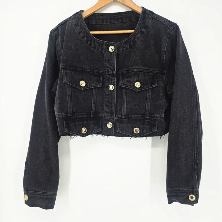 [BUNJANG] Black Cropped Denim Jacket Gold Button / 블랙 크롭 데님 자켓 금장 버튼