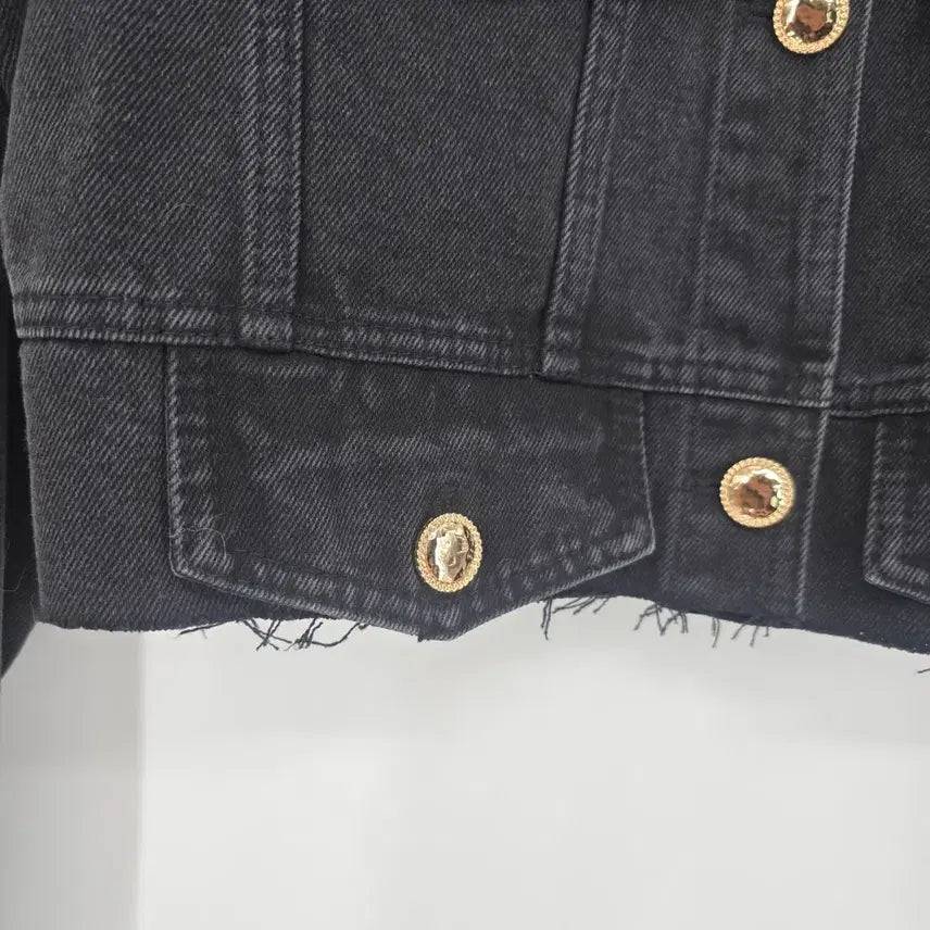 [BUNJANG] Black Cropped Denim Jacket Gold Button / 블랙 크롭 데님 자켓 금장 버튼
