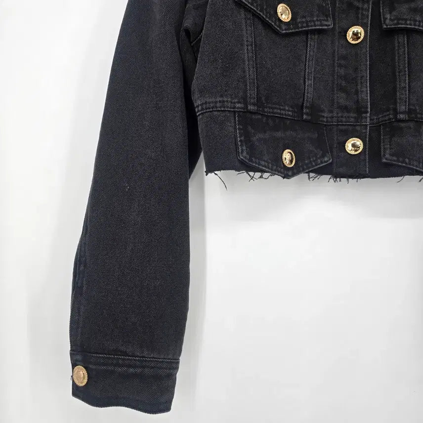 [BUNJANG] Black Cropped Denim Jacket Gold Button / 블랙 크롭 데님 자켓 금장 버튼