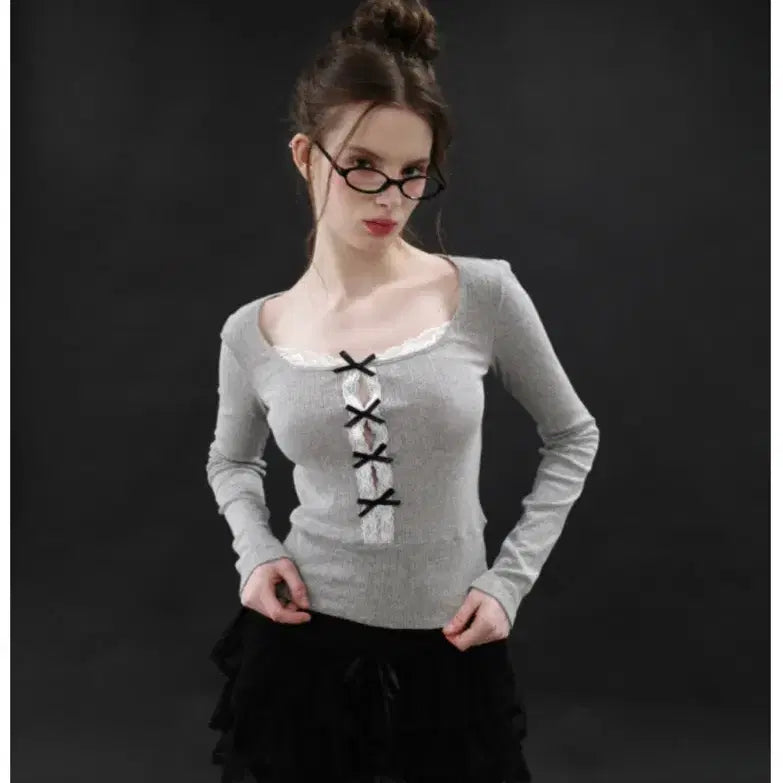 [BUNJANG] Spring Hole Ribbon Top Gray/Lace Long Sleeve / *택O새상품* 드라이로즈 스프링 홀 리본 탑 그레이/레이스긴팔
