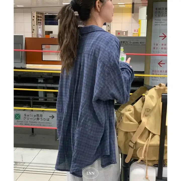 [SOLD OUT] 에이블리 리넨느 셔츠 / 체크셔츠 네이비