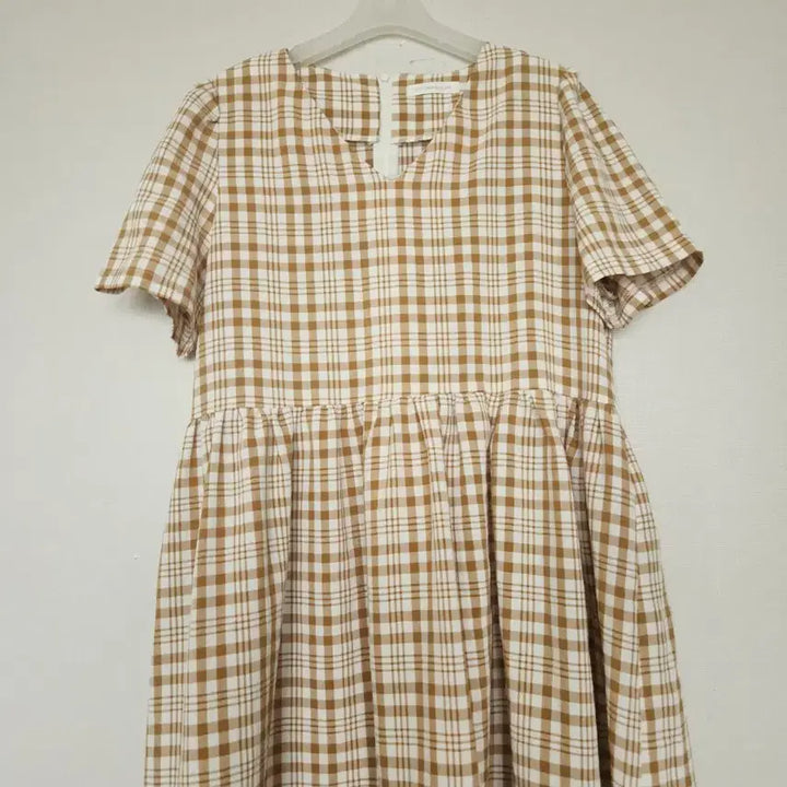 [BUNJANG] Check Long Dress Brown Short Sleeve / 체크 롱 원피스 브라운 반팔