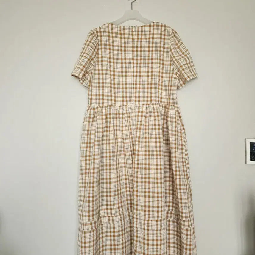 [BUNJANG] Check Long Dress Brown Short Sleeve / 체크 롱 원피스 브라운 반팔