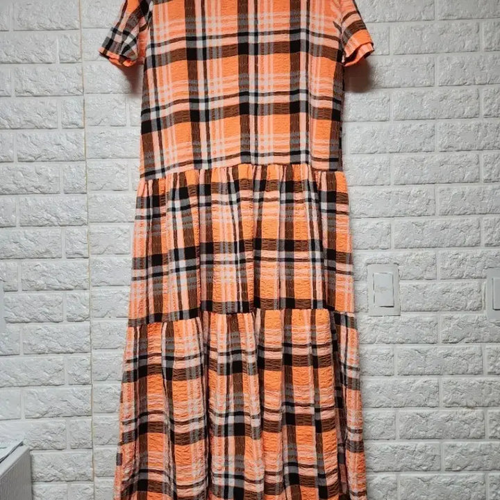 [BUNJANG] Orange Check Long Dress / 오렌지 체크 롱 원피스