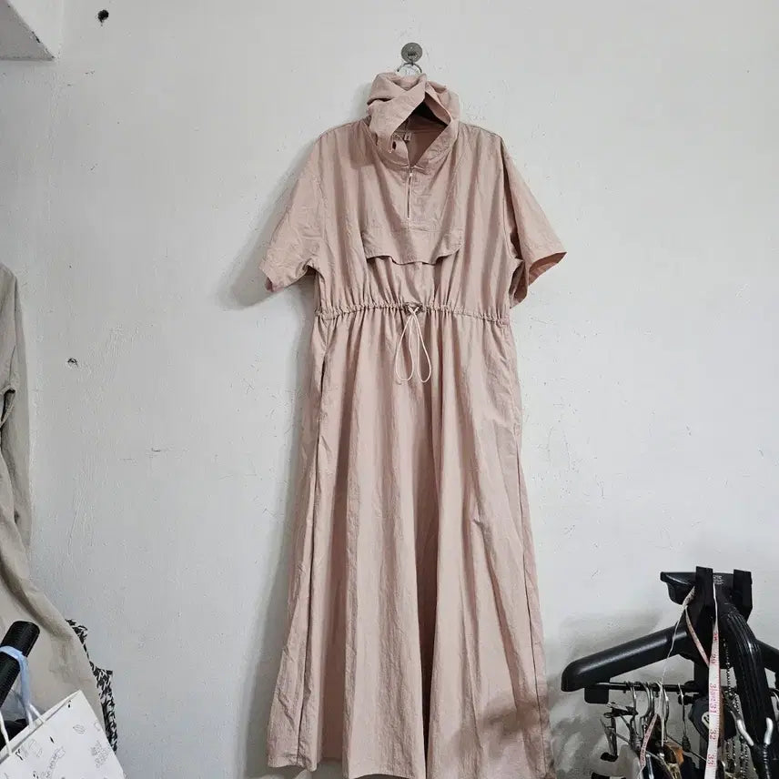 [BUNJANG] Pink Drawstring Hooded Long Dress / 후드 롱 원피스 핑크 드로스트링