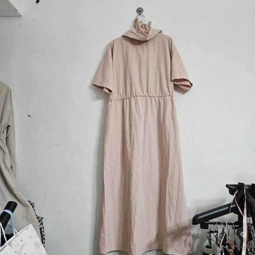 [BUNJANG] Pink Drawstring Hooded Long Dress / 후드 롱 원피스 핑크 드로스트링