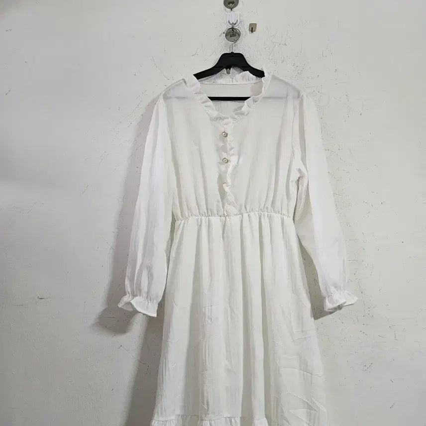 [BUNJANG] White Long Sleeve Shirring Frill Dress / 화이트 롱 원피스 긴팔 셔링프릴