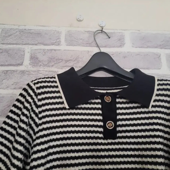 [BUNJANG] Black Stripe Short Sleeve Knit Polo / 블랙 스트라이프 반팔카라니트/알뜰한여우
