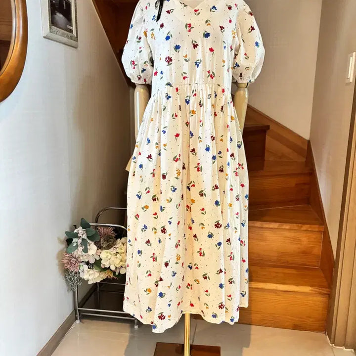 [BUNJANG] Eun Flower Pattern Puff Short Sleeve Long Dress / 플라워 패턴 퍼프 반팔 롱 원피스. Eun