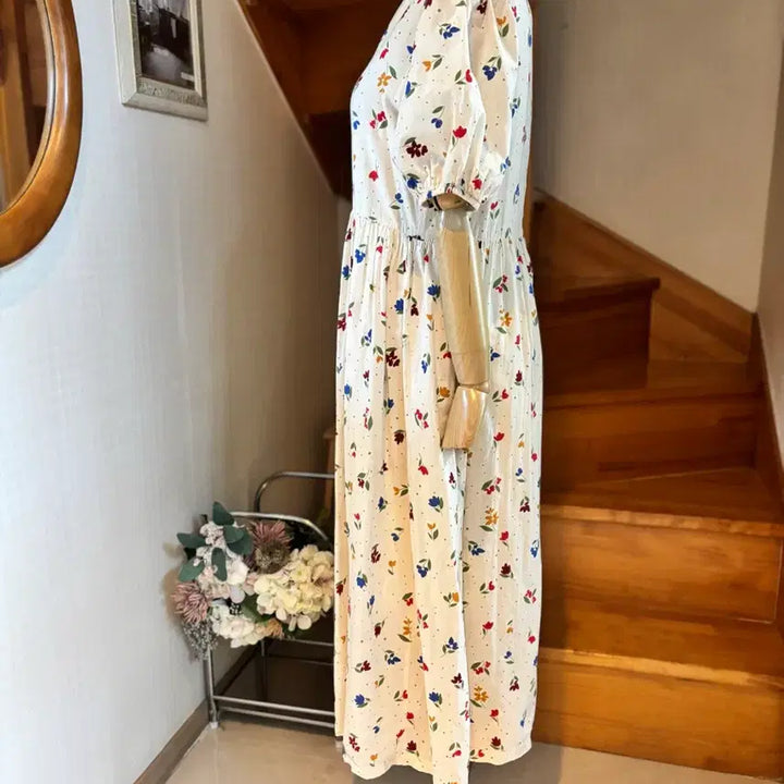 [BUNJANG] Eun Flower Pattern Puff Short Sleeve Long Dress / 플라워 패턴 퍼프 반팔 롱 원피스. Eun
