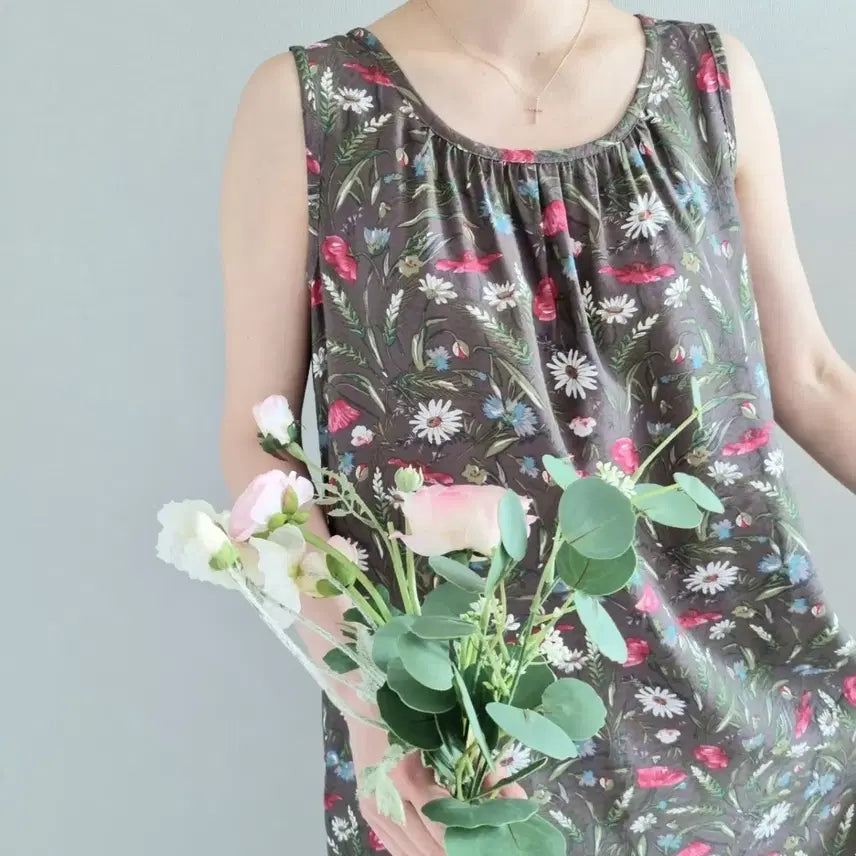 [BUNJANG] Floral Pattern Sleeveless Long Dress / 인견 플라워 패턴 롱 원피스 민소매