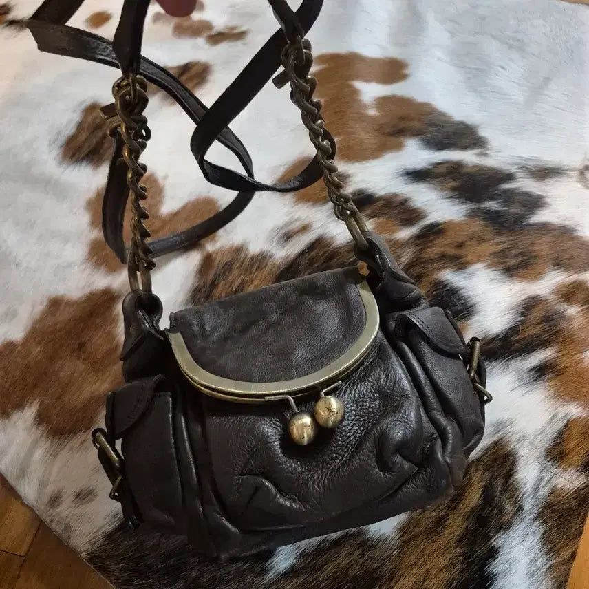 [BUNJANG] Genuine Leather Frame Crossbody Bag - Brown / 양가죽 프레임 크로스백 브라운