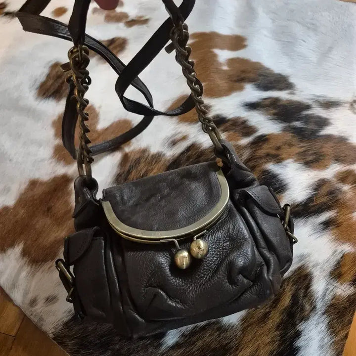 [BUNJANG] Genuine Leather Frame Crossbody Bag - Brown / 양가죽 프레임 크로스백 브라운